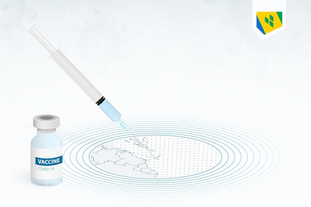 Vacinação covid-19 em são vicente e granadinas, ilustração de vacinação contra coronavírus com frasco de vacina e injeção de seringa no mapa de são vicente e granadinas.