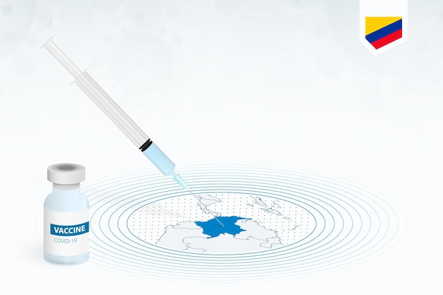 Vacinação covid-19 na colômbia, ilustração de vacinação contra coronavírus com frasco de vacina e injeção de seringa no mapa da colômbia.