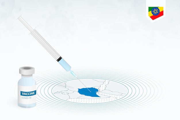 Vacinação covid-19 na etiópia, ilustração de vacinação de coronavírus com frasco de vacina e injeção de seringa no mapa da etiópia.