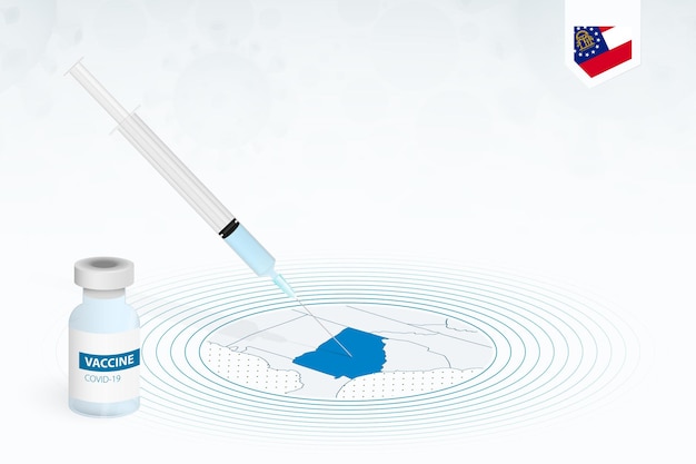 Vacinação covid-19 na geórgia, ilustração de vacinação contra coronavírus com frasco de vacina e injeção de seringa no mapa da geórgia.