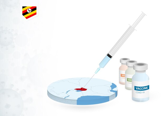 Vacinação em Uganda com diferentes tipos de vacina COVID-19. ÃƒÂ Â¡oncept com a injeção da vacina no mapa de Uganda.
