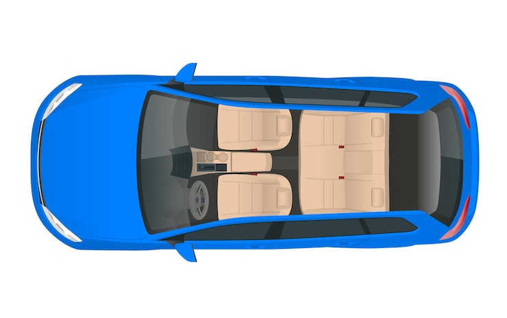 Vagão de carro de salão vista de cima, ilustração vetorial. Veículo híbrido compacto. Auto de alta tecnologia eco-amigável. Fácil mudança de cor.
