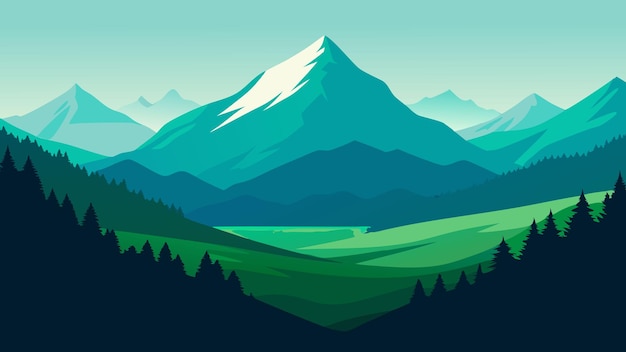 Vale verde exuberante com uma impressionante cordilheira se erguendo majestosamente no fundo destacando as paisagens esplendor ilustração vetorial plana