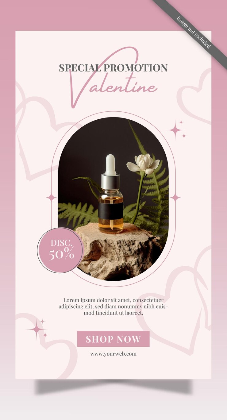 Vetor valentine social media story promoção para cuidados com a pele e modelo de produto de beleza