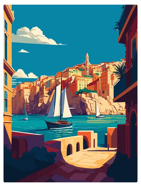 Vetor valletta malta cartaz de viagem vintage lembrança cartão postal pintura retrato wpa ilustração