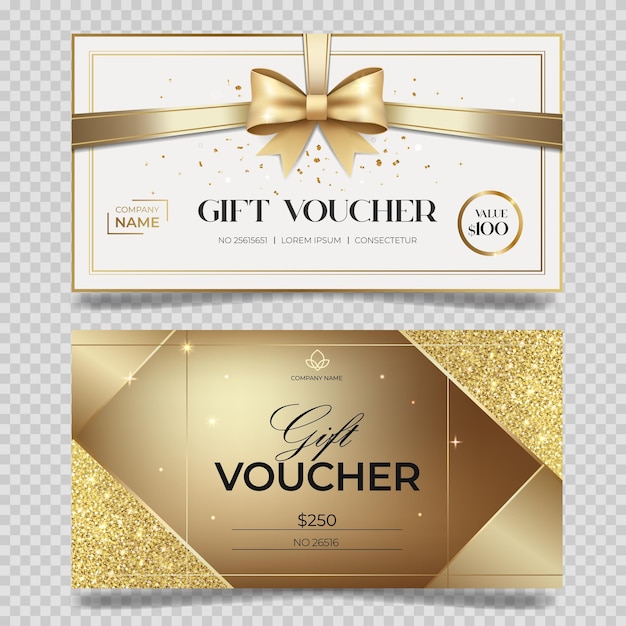 Valores-presente de luxo com brilho dourado Modelo elegante para cupom de cartão-presente Valor-presente elegante