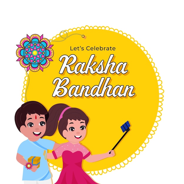 Vamos celebrar o cartão raksha bandhan alegre menina tomando selfie com seu irmão em fundo amarelo e branco