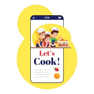 Vamos cozinhar a tela do aplicativo do smartphone. visor do telefone móvel  com maquete de design de personagens de desenhos animados. jogo de cozinhar  para crianças. escola de culinária para crianças interface