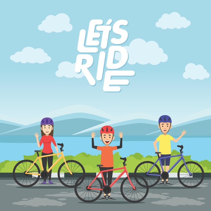 Vamos pedalar um grupo de amigos andando de bicicleta, homem e mulher, durante uma divertida bicicleta