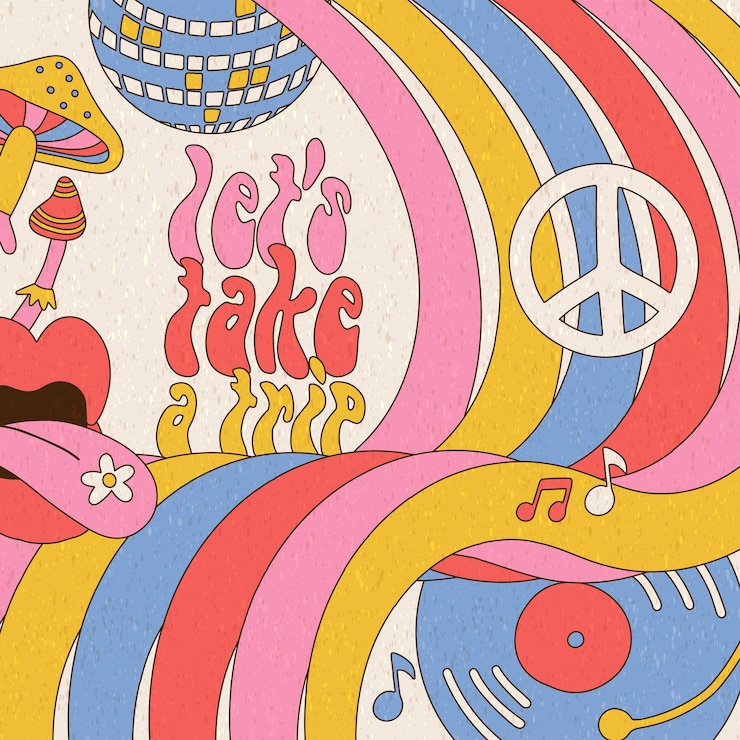 Vetor vamos pegar um cartão de viagem ou banner com estampa de slogan lettreing com cogumelos estilo hippie arco-íris e