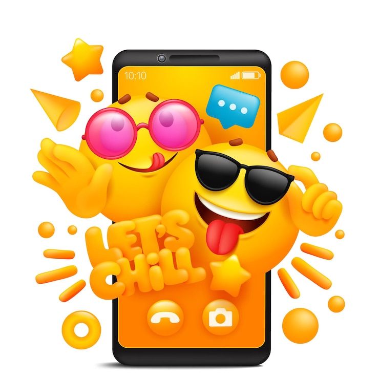Vetor vamos relaxar o conceito de etiqueta modelo de aplicativo de smartphone com personagens de desenhos animados amarelos emoji com óculos de sol.