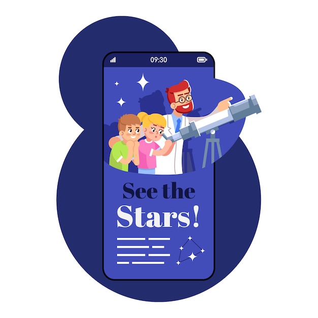 Vamos ver a tela do aplicativo sartphone de estrelas. exposição do telefone móvel com maquete de design de personagens de desenhos animados. estudos astronômicos de crianças. interface de telefone de aplicativo de ciência espacial de aprendizagem