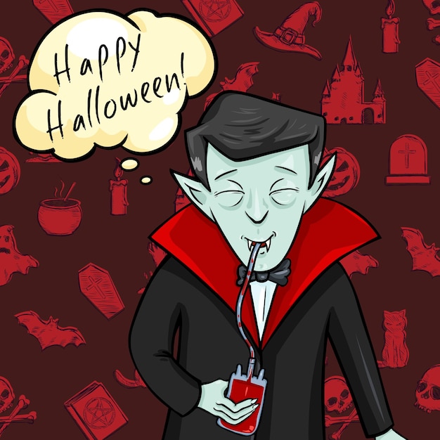 Vetor vampiro de cartão postal de halloween vetorial com fundo padrão vermelho bolha feliz dia das bruxas