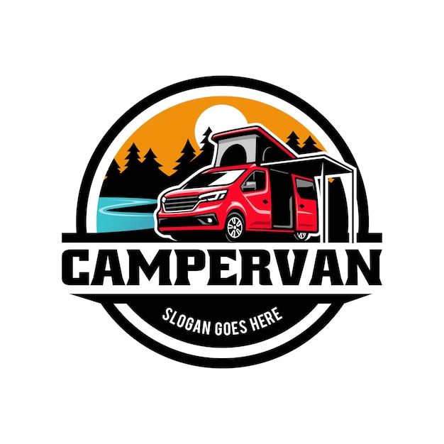 Van de campista de carro de acampamento com tenda pop up e vetor de logotipo de ilustração de toldo