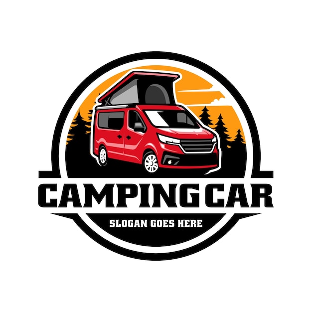 Van de campista de carro de acampamento com vetor de logotipo de ilustração de tenda pop up