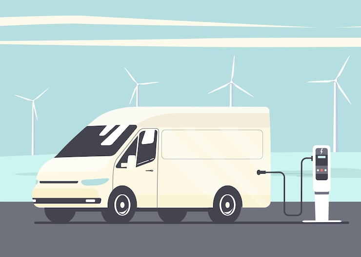 Vetor van de carga elétrica no fundo de uma paisagem abstrata e turbinas eólicas. ilustração em vetor estilo simples.
