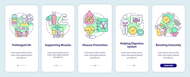 Vantagens da dieta integrando a tela do aplicativo móvel passo a passo de nutrição saudável 5 etapas páginas de instruções gráficas com conceitos lineares ui ux modelo de gui myriad probold fontes regulares usadas