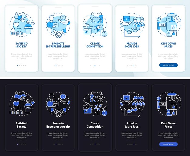 Vantagens da economia de mercado modo noturno integrado na tela do aplicativo móvel passo a passo 5 etapas páginas de instruções gráficas com conceitos lineares ui ux modelo de gui myriad probold fontes regulares usadas