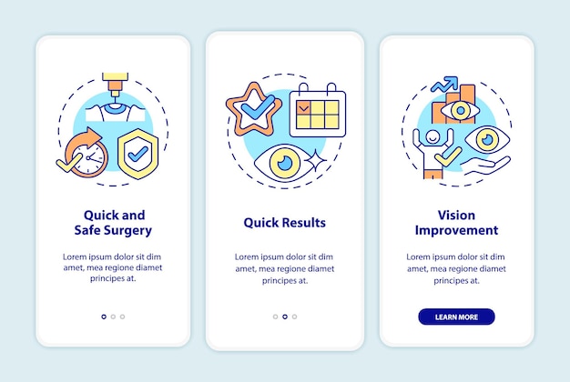 Vantagens da tela da página do aplicativo móvel de integração da cirurgia ocular a laser. cirurgia de visão passo a passo 3 etapas instruções gráficas com conceitos. modelo de vetor ui, ux, gui com ilustrações coloridas lineares