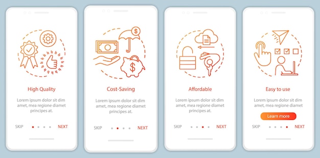 Vantagens do software de negócios integrando a tela da página do aplicativo móvel com conceitos lineares usabilidade de tecnologias passo a passo instruções gráficas ux ui gui modelo vetorial com ilustrações