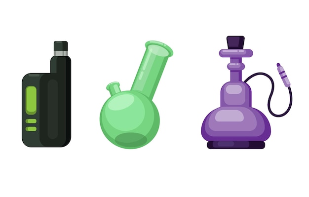 Vape, bong e shisha. vetor de ilustração dos desenhos animados de coleção de objetos de símbolo de fumar alternativo