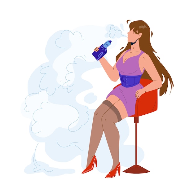 Vape menina fumando vetor de cigarro eletrônico. menina vape muito jovem sentada na cadeira e fuma e-cigarro. personagem mulher hipster vaping and inhale nicotine flat cartoon illustration
