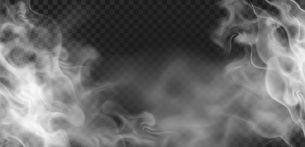 Vapor quente ondulado transparente realista ou efeito de fumaça. Evaporação, névoa ou névoa. Nuvem de névoa assustadora. Comida ou bebida de fundo vector vapor. Fluxo de fumaça ou gás, ilustração da poluição do narguilé