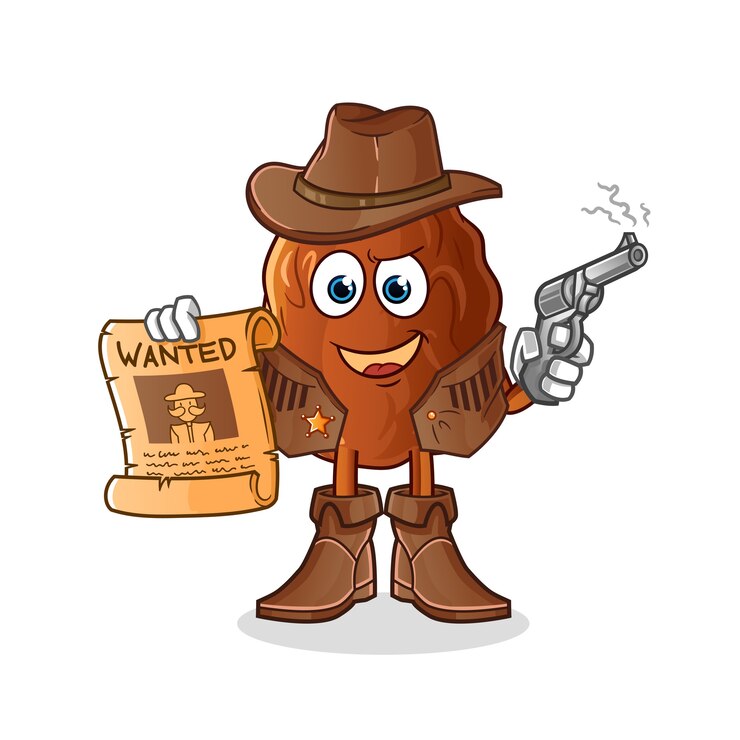 Vetor vaqueiro de frutas com tâmaras segurando uma arma e ilustração do pôster de procurado