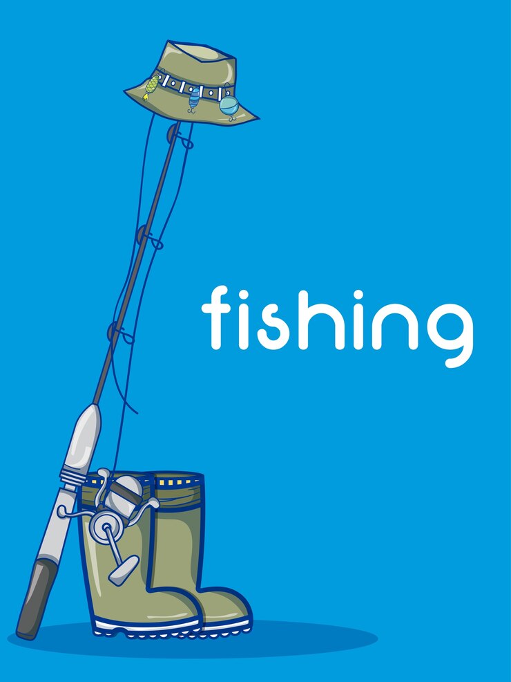 Vetor vara de pesca com desenhos de chapéu e botas