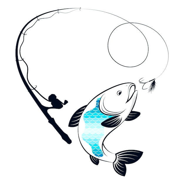 Vara de pesca com equipamento e símbolo de peixe para pesca