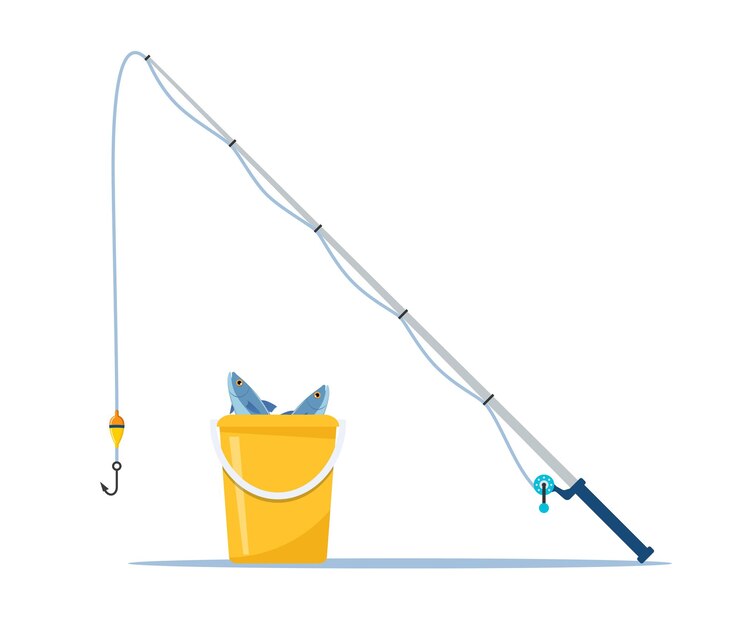 Vetor vara de pesca com gancho de bobina de linha de pesca e flutuador balde de peixe equipamento de pesca