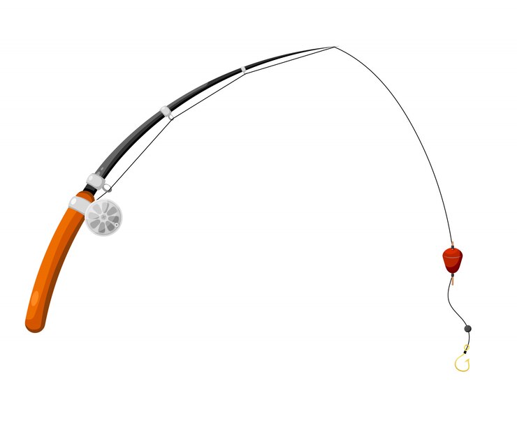 Vetor vara de pesca com linha de pesca, carretel, gancho e flutuador. estilo dos desenhos animados. equipamento de pesca. sujeito a esportes recreativos. ilustração vetorial de estoque