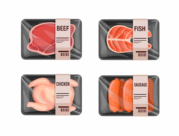 Variação de carne crua em embalagem plástica. carne de frango, atum e linguiça no conceito de loja do mercado de alimentos na ilustração dos desenhos animados.