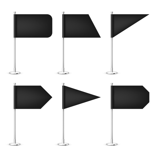 Vetor várias bandeiras de mesa realistas em um poste de aço cromado bandeira de mesa preta em branco feita de papel ou tecido