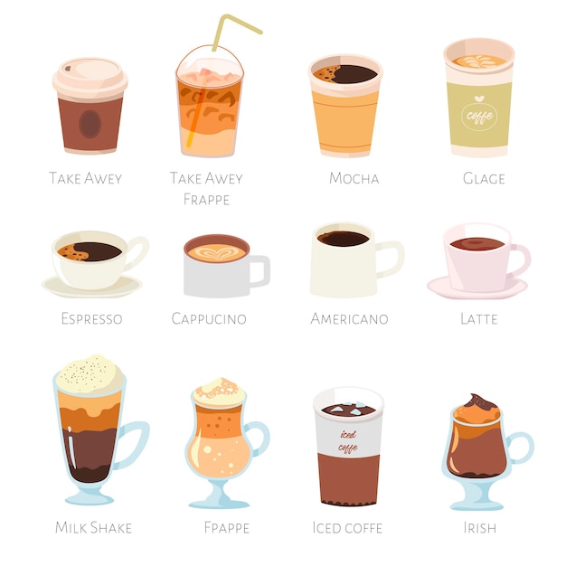 Várias bebidas com cafeína bebidas para o menu do café