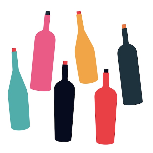 Vetor várias garrafas de vinho. diferentes formas e cores de garrafas. prosecco, rose, brut, vinho