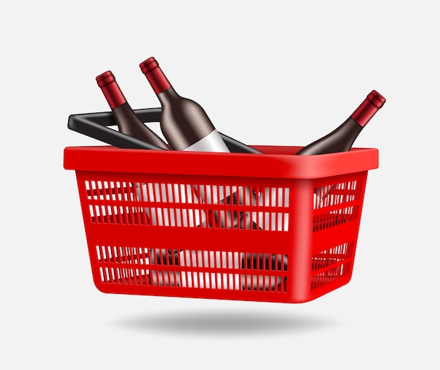 Várias garrafas de vinho na cesta de compras vermelha e todos os objetos no fundo branco
