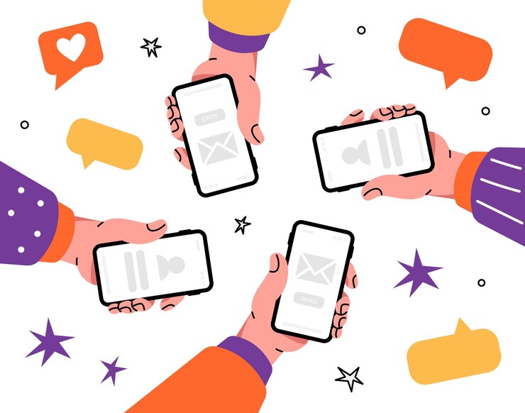 Várias mãos estão segurando um smartphone Mensagens de correspondência notícias bate-papo Contas de mídia social