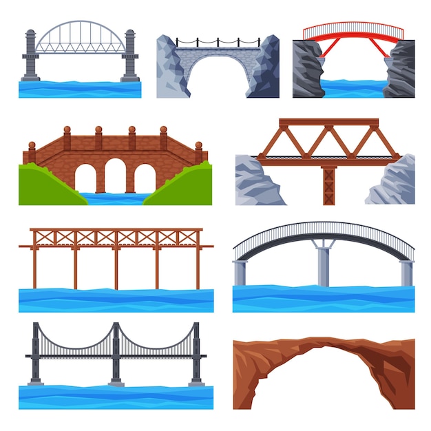 Várias pontes coleção de arquitetura urbana elementos de design de ferro pontes de madeira e pedra planas