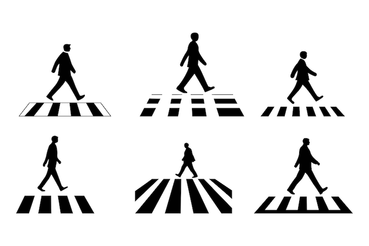 Vetor várias silhuetas de pedestres atravessando uma rua marcada com listras de zebra
