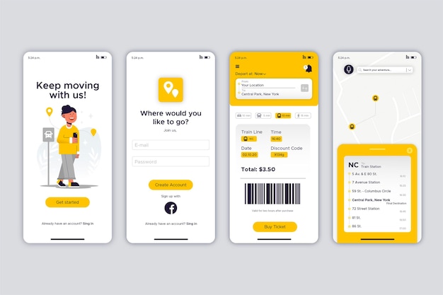 Várias telas para aplicativo móvel de transporte público amarelo