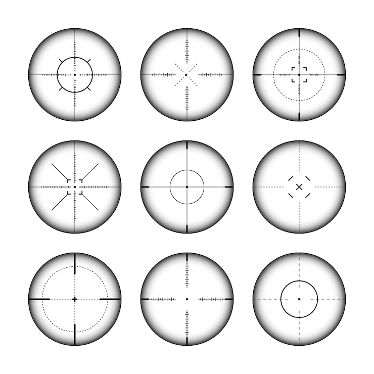 Vetor várias visões de armas rifle de atirador de precisão telescópios ópticos arma de caça visor com alvo cruzado tiro