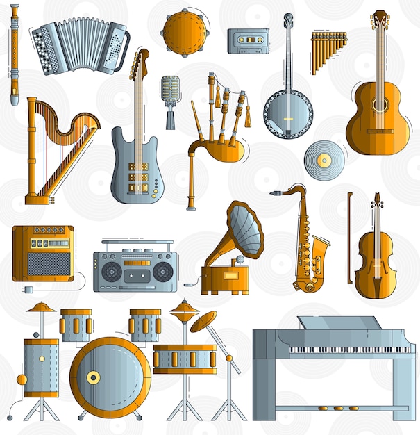 Variedade de diferentes instrumentos musicais e equipamentos de reprodução