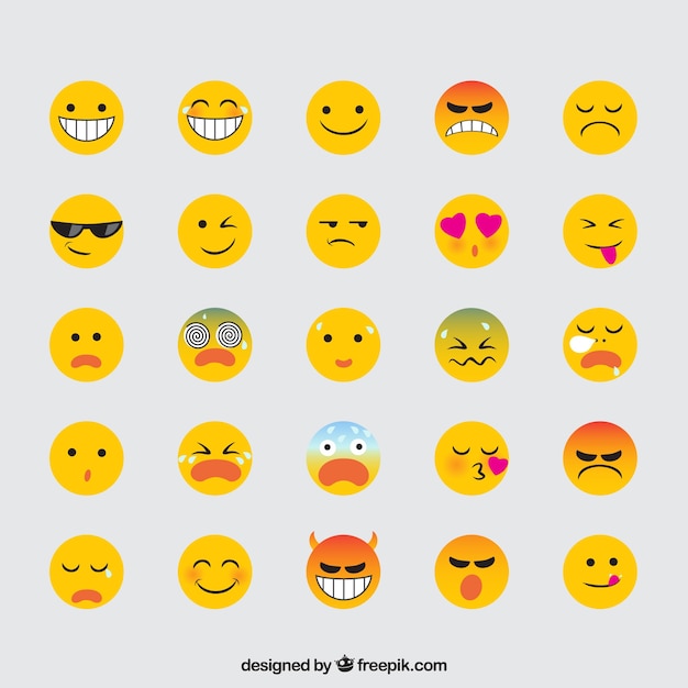 Variedade de emoticons expressivos no design plano