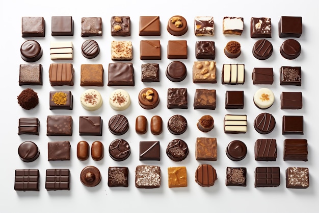 Vetor variedade de pralinas de chocolate simétricas isoladas em fundo branco conceito de doce e chocolate