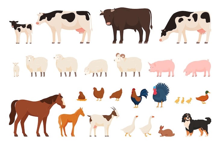 Vetor vários animais de fazenda da aldeia gado domesticado e aves domésticas ilustração vetorial