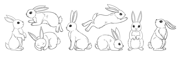 Vários coelhinhos fofos primavera coelhinho da páscoa no estilo de desenho coelho senta e pula vetor