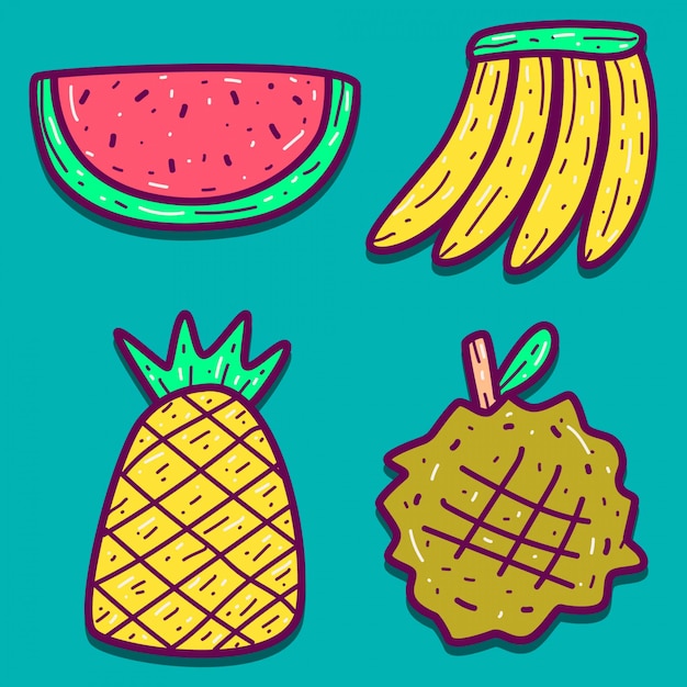 Vários desenhos de desenhos animados de frutas doodle