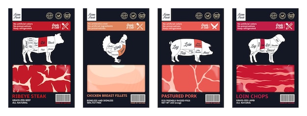 Vetor vários design de embalagem de carne de estilo moderno