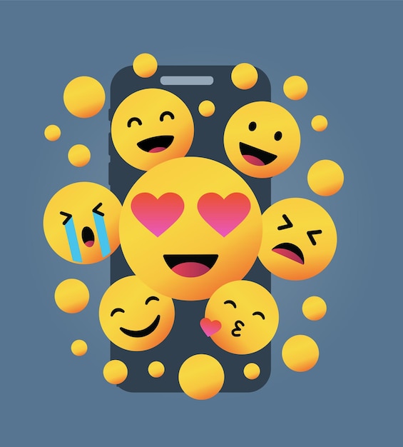 Vários emoticons amarelos na frente de uma tela de smartphone em um vetor de fundo amarelo